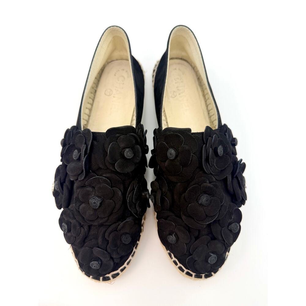 Chanel Interlocking CC Logo Camellia Espadrilles Black Suede Size 39 / 9 - Picture 3 of 16